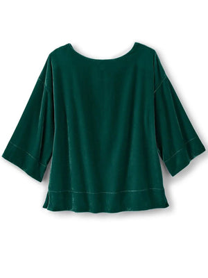 Velvet Boat-Neck T-Shirt With 3/4 Sleeves in Black with stretch