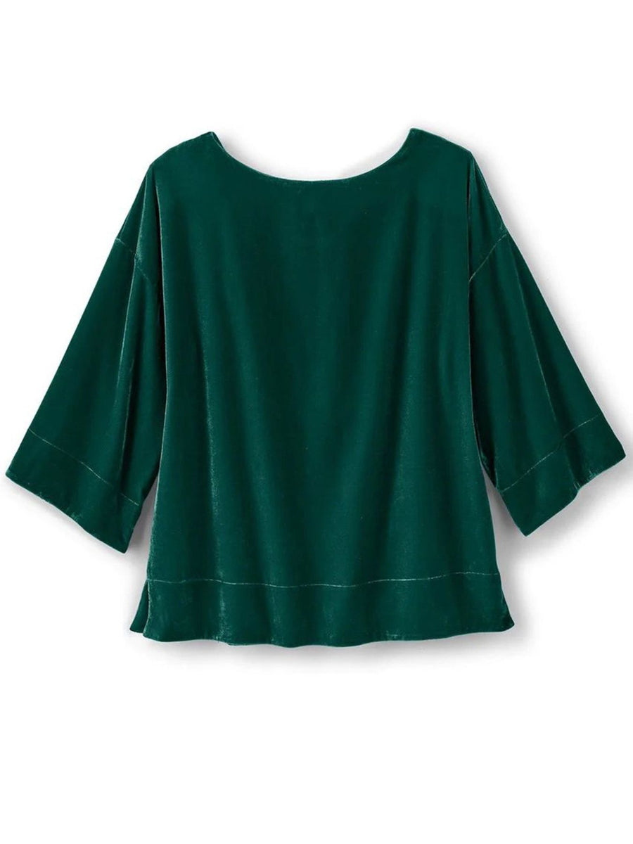 Velvet Boat-Neck T-Shirt With 3/4 Sleeves in Black with stretch