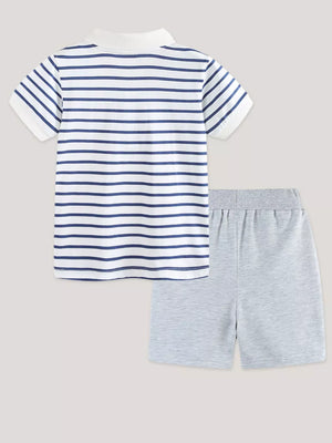 Boys' striped polo shirt and grey shorts set, comfortable cotton.