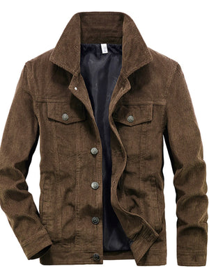 Classic corduroy button-down jacket in coffee with button-flap chest pockets and a spread collar.