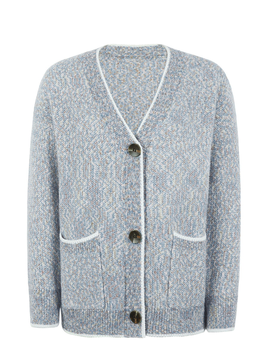 Textured knit cardigan in light gray with contrast trim and button front.