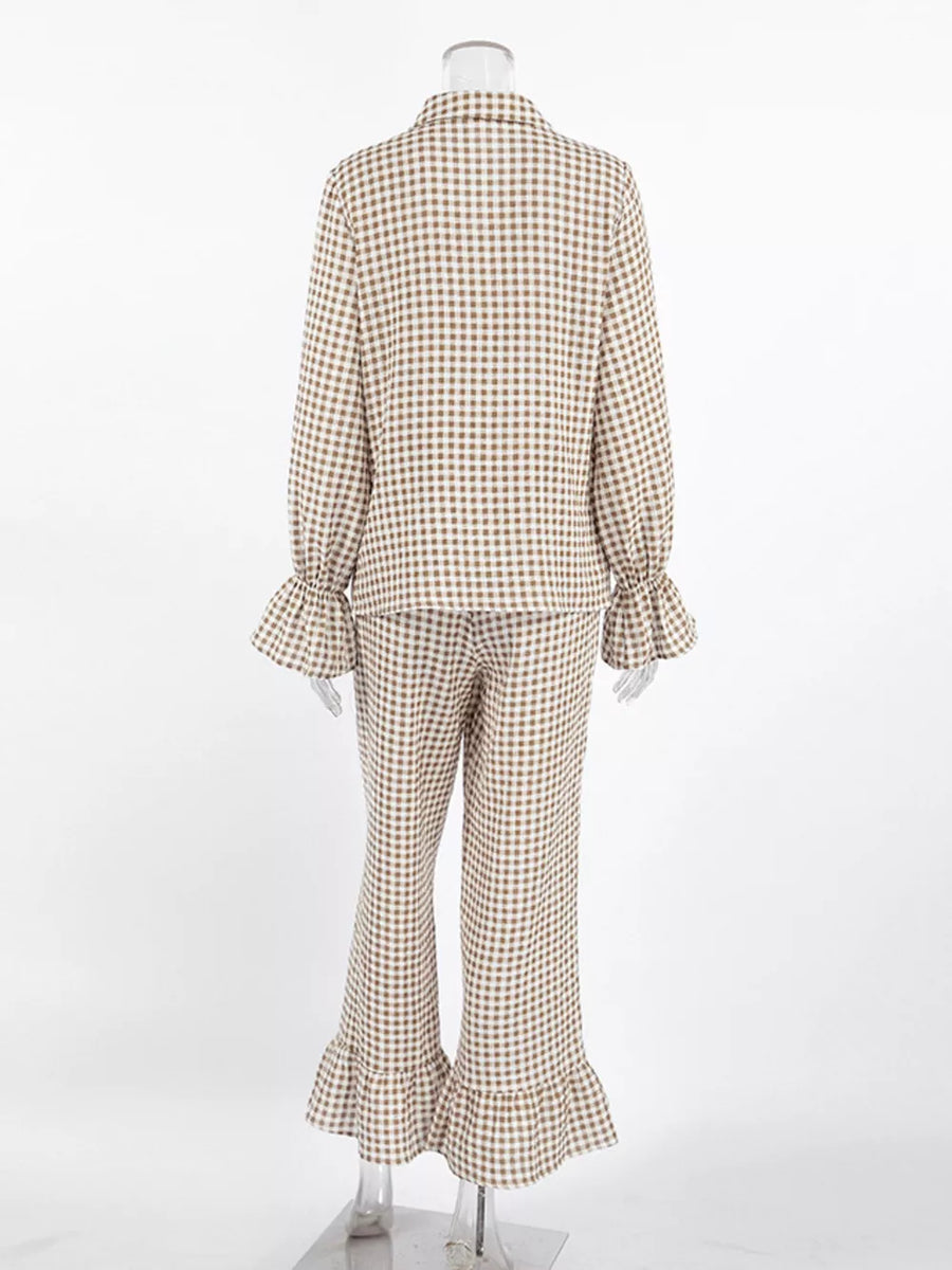 light brown pajama set with ruffled and long sleeve