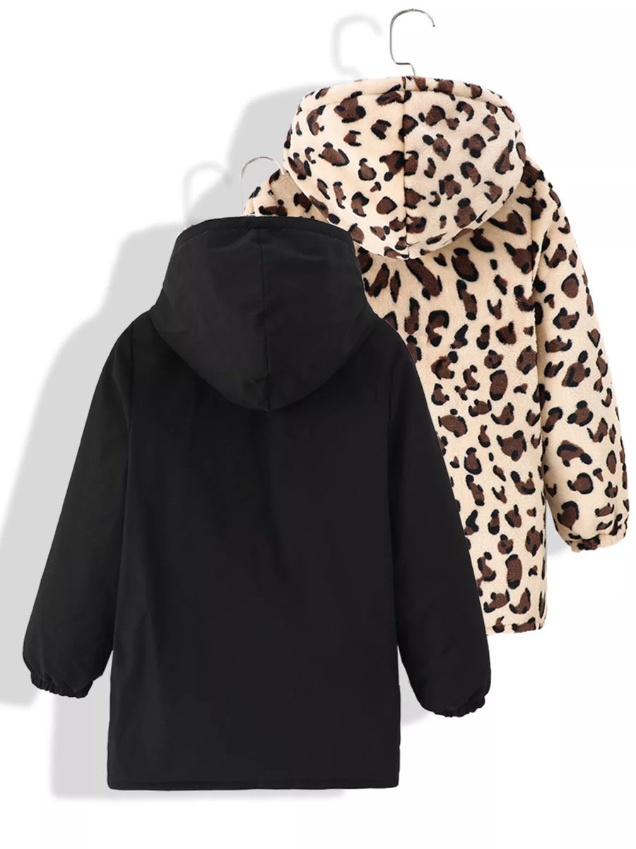 Black hooded jacket with leopard print lining