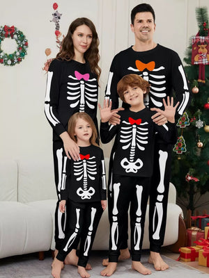 black pajama set with skeleton print and crew neck