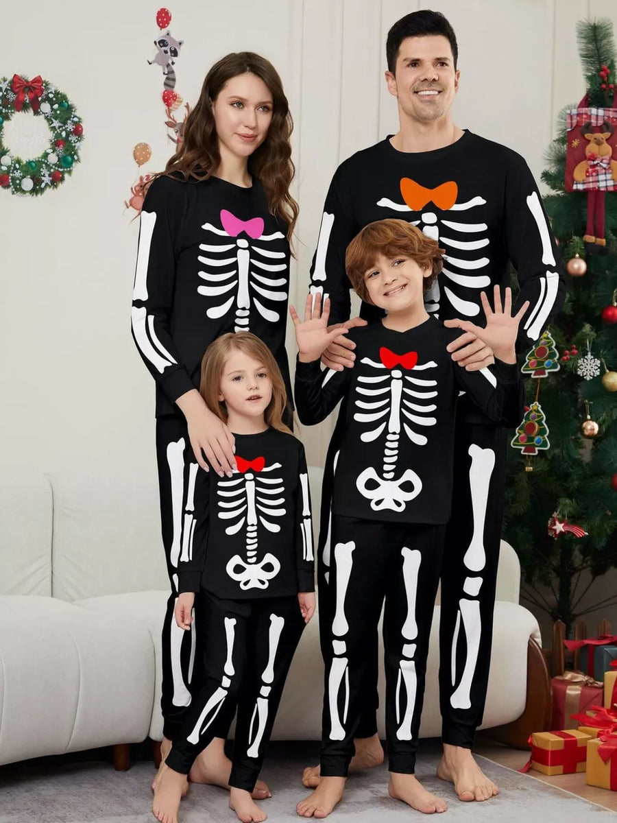 black pajama set with skeleton print and crew neck