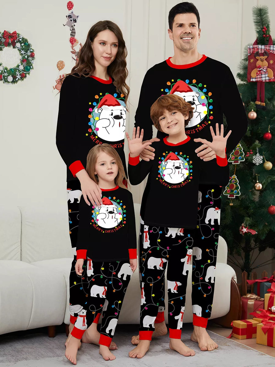 black pajama set with graphic print and crew neck