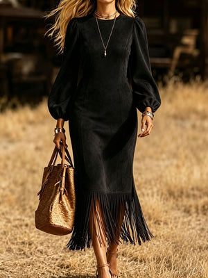 brown midi dress with fringe and balloon sleeve