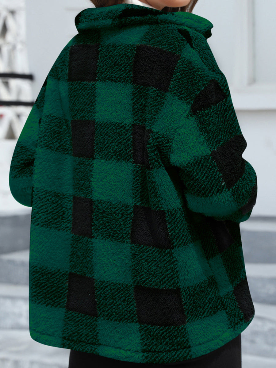 Plaid sherpa overshirt jacket in dark green with black buffalo check pattern.