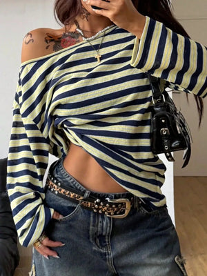navy blue t-shirt with striped and boat neck