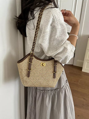 crossbody bag featuring geometric in dark brown with PU Leather, Straw weaving Imported Size & texture