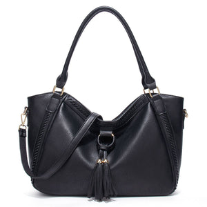 PU Leather Tassel Decor Shoulder Bag in Burgundy with tassel decor