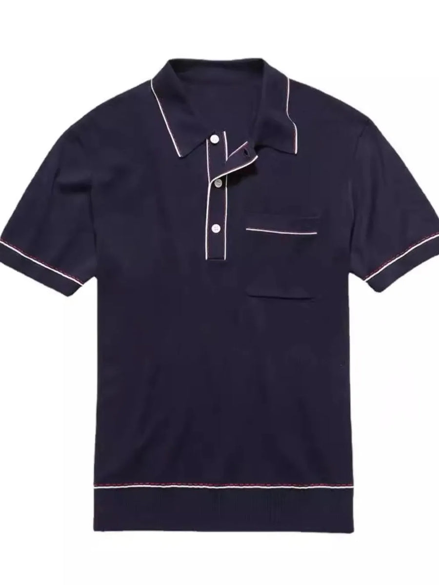 Navy ribbed knit polo shirt with contrast trim and chest pocket