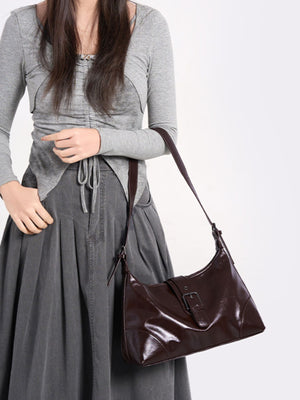 Coffee Brown PU Leather Shoulder Bag in Coffee Brown with buckle detail