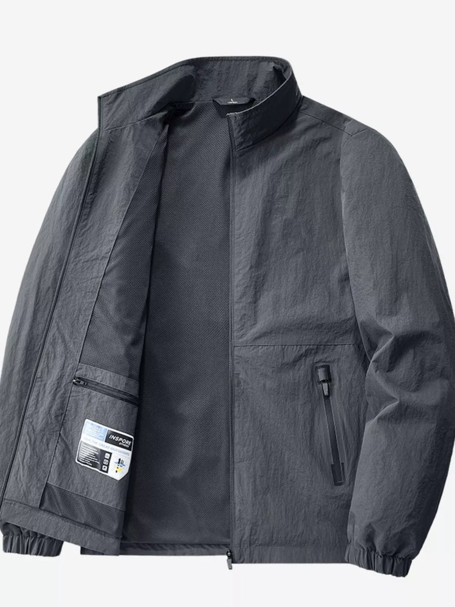 Gray windbreaker with zipper and long sleeve