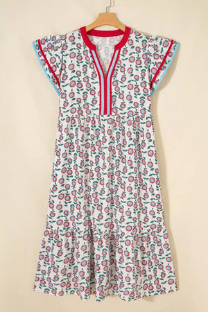Vibrant floral midi dress with tiered skirt, V-neck, and short sleeves.
