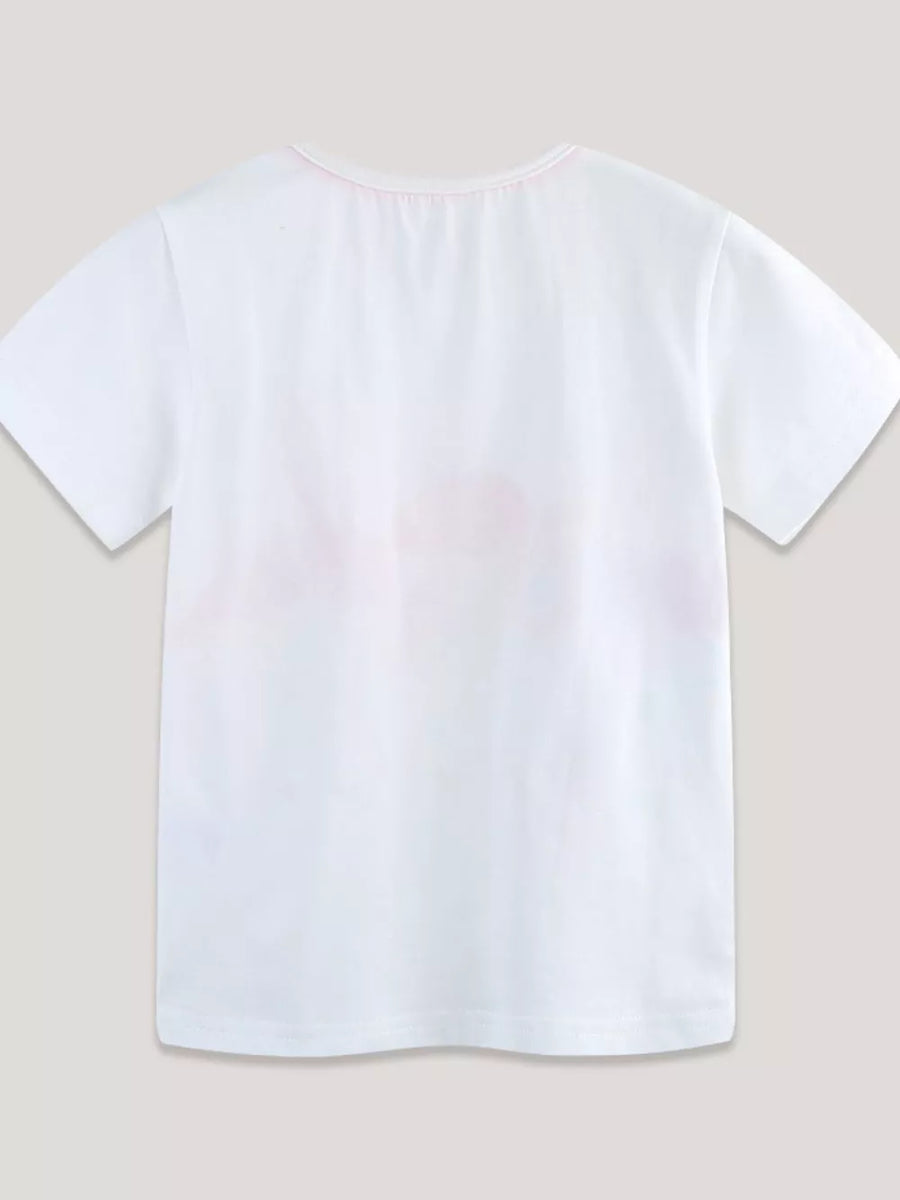 White cotton crew neck t-shirt with faint pink flamingo print detail.
