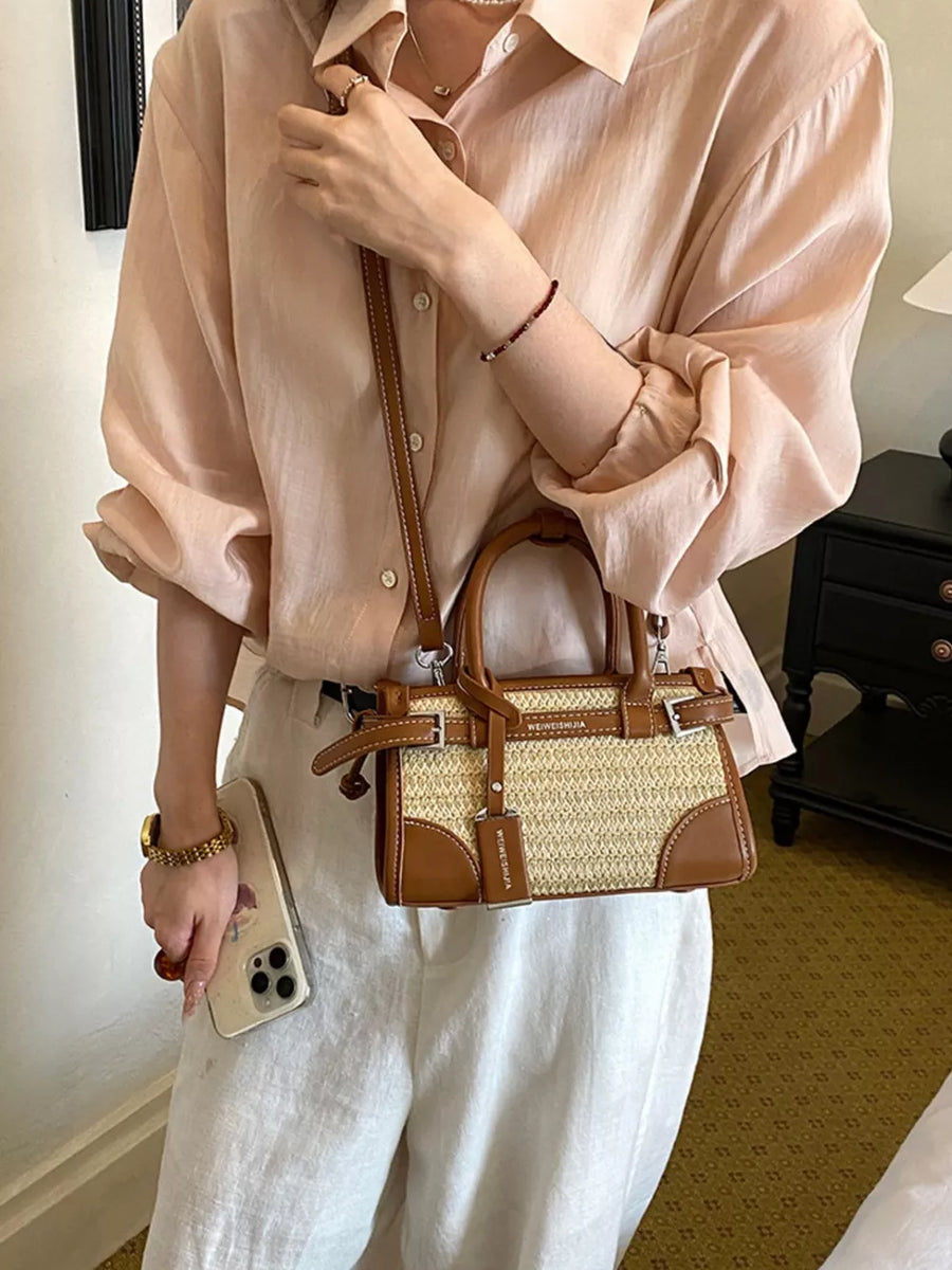 crossbody bag featuring woven in brown with PU Leather Imported Size & texture