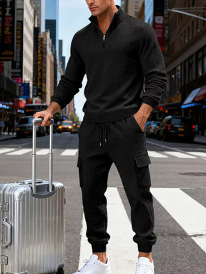 Men's Quarter-zip Top And Cargo Joggers Set Plus Size in Black with pocketed