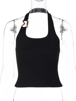 Black ribbed halter tank top with scoop neck and tortoise ring detail