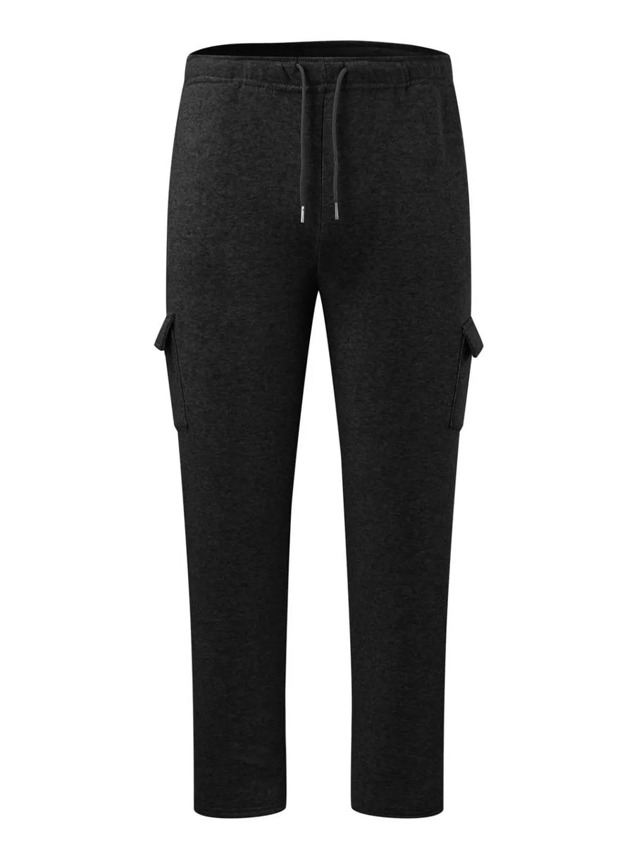 Dark gray fleece cargo joggers with drawstring waist and side cargo pockets.