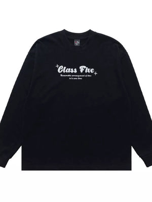 Black long sleeve tee with white Class Five graphic print and text detail.