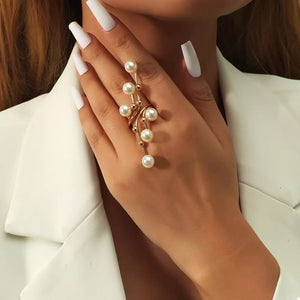 Gold bypass ring with pearl accents and gold beads, alloy, adjustable