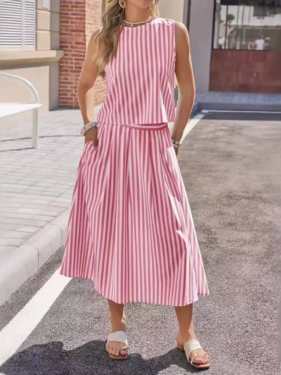 light pink two-piece set with striped and round neck
