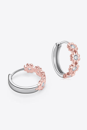 Rose gold huggie hoop earrings with floral embellishments and clear stones, 925 sterling silver