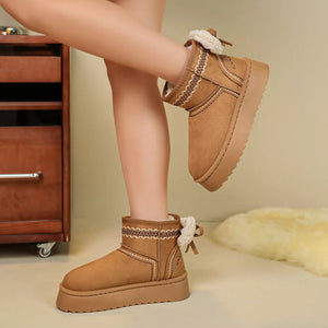 Camel boots featuring round toe and geometric