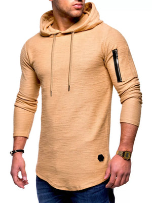 Khaki slim fit long-sleeve hoodie with drawstring and zippered sleeve pocket.