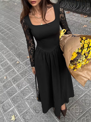 100% polyester Care instructions: Machine wash cold maxi dress in Black with A-line silhouette