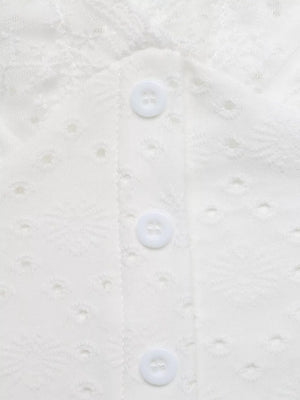 White eyelet lace maternity shirt with button detail