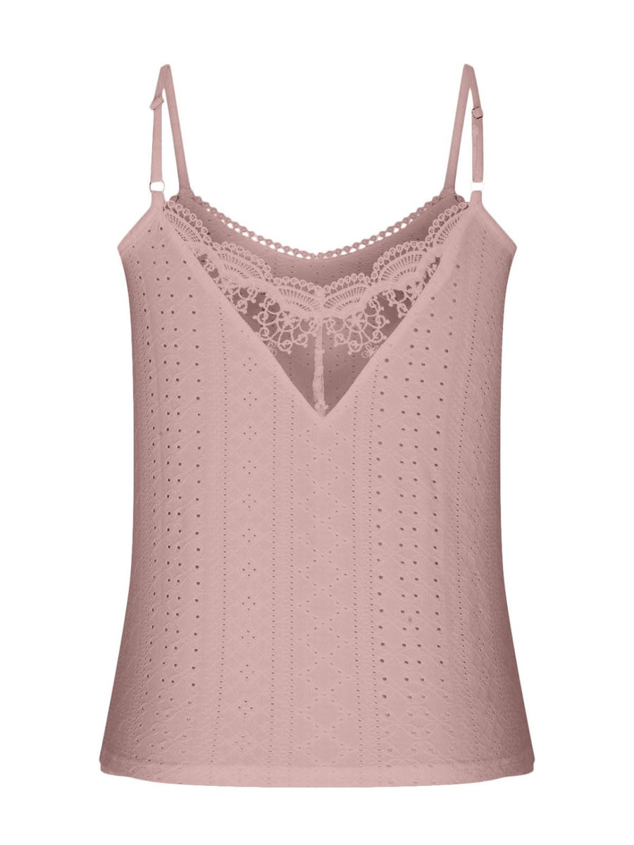 Dusty pink eyelet lace inset cami top with v-neck and adjustable straps.