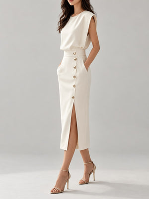 Black midi dress with decorative button and sleeveless