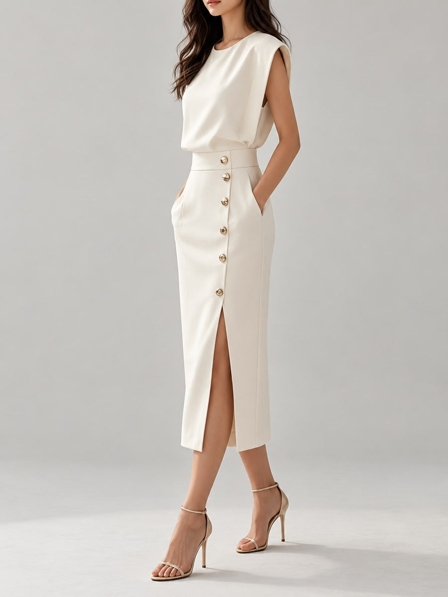 Black midi dress with decorative button and sleeveless