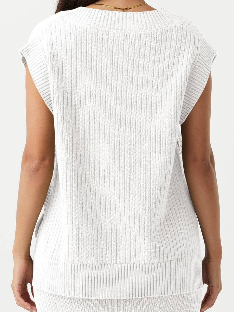 White ribbed knit V-neck tank sweater with cap sleeves and a banded hem.