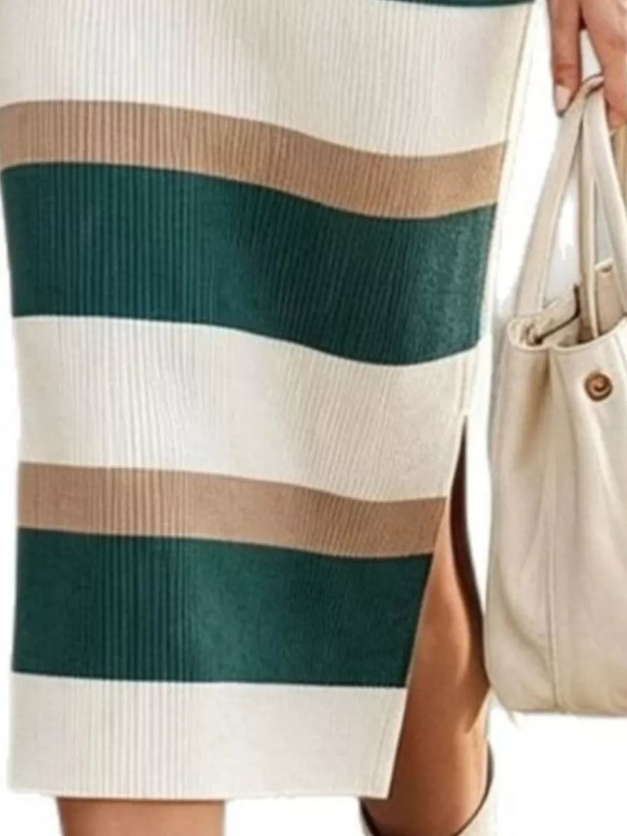 ivory sweater dress featuring buttoned and striped