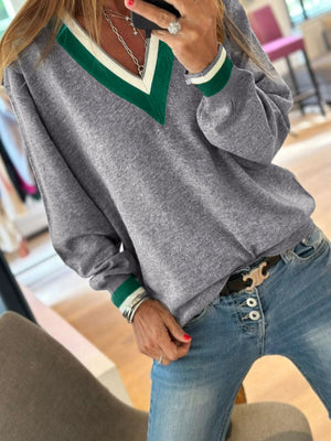 pullover sweater in dark green with striped and striped trim