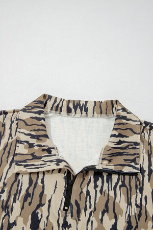 olive green sweatshirt with half-zip and camo