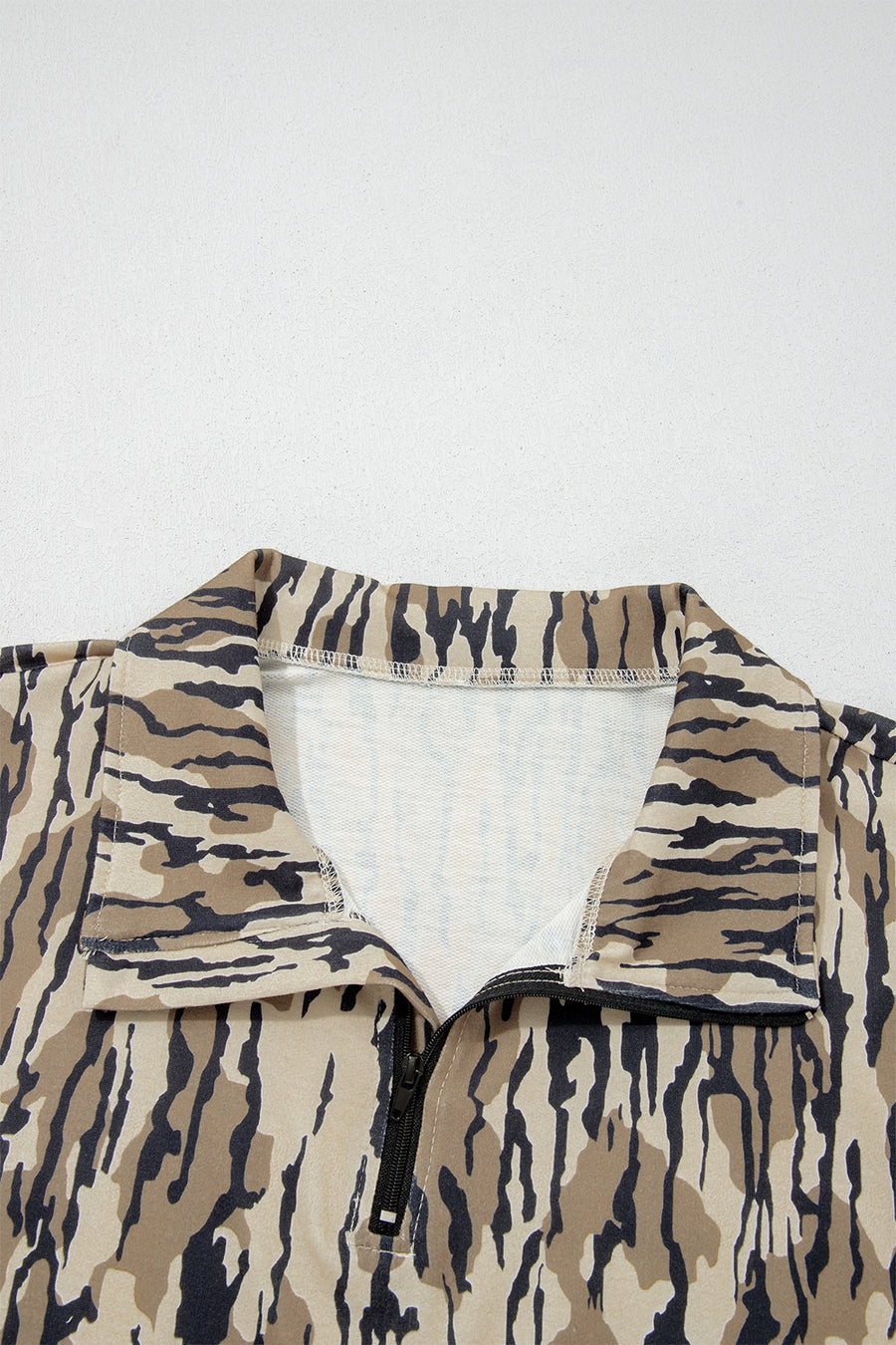 olive green sweatshirt with half-zip and camo