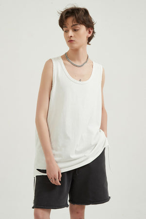 White sleeveless scoop neck tank top with raw edges