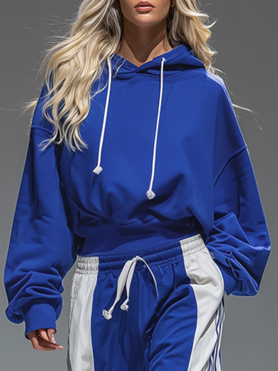 white lounge set featuring drawstring and color-block, striped
