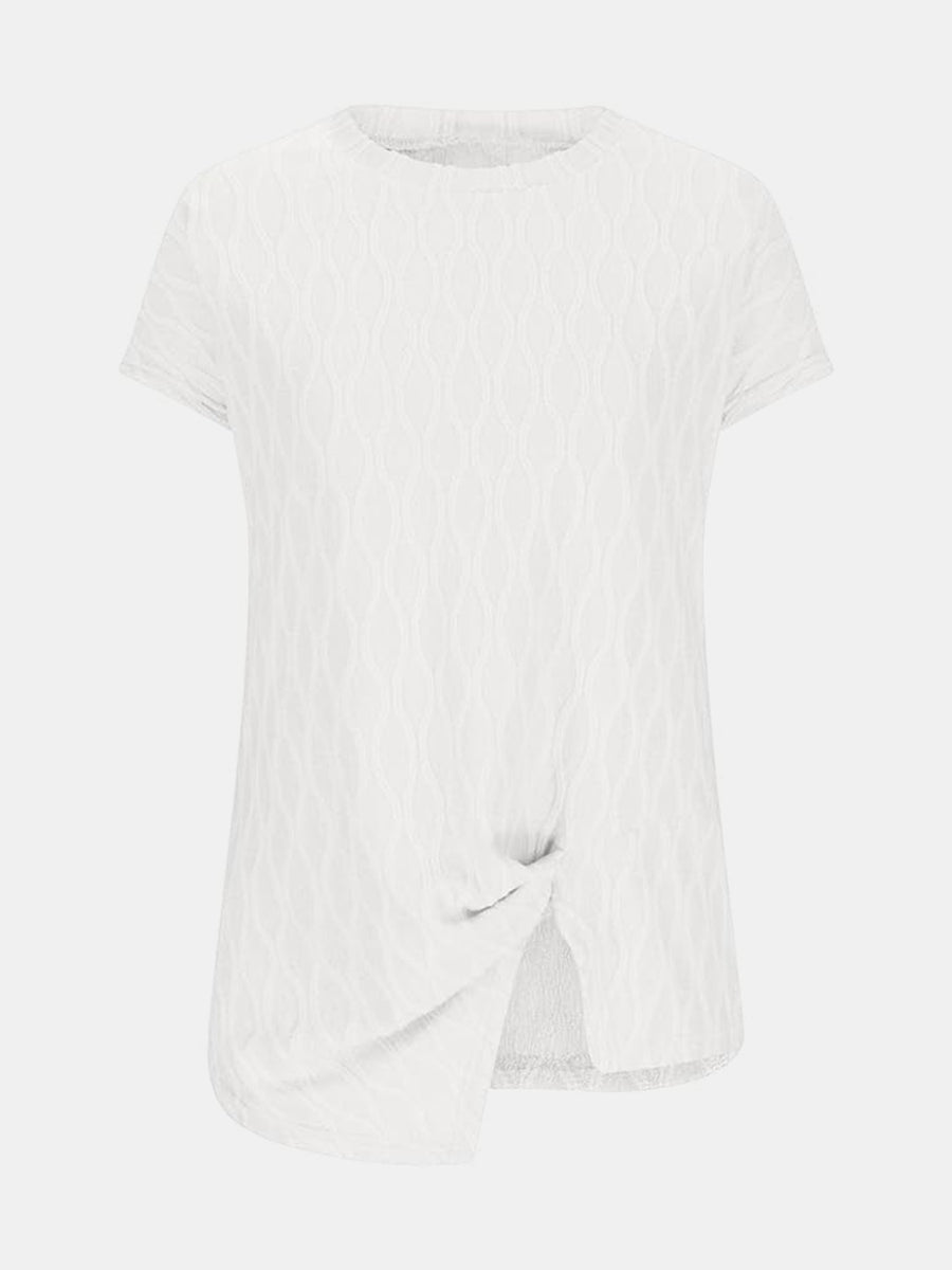 White textured tee with short sleeves and a knot-front asymmetric hem
