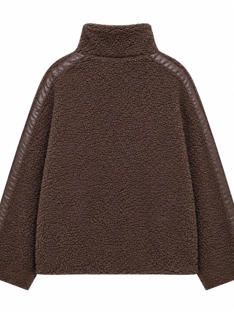 sherpa jacket in Black-Ribbed with zipper and hip-length