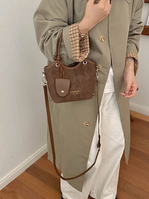 brown PU Leather Imported Size & crossbody bag with quilted and snap