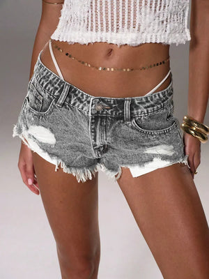 Distressed Acid Wash Denim Shorts in Light Gray