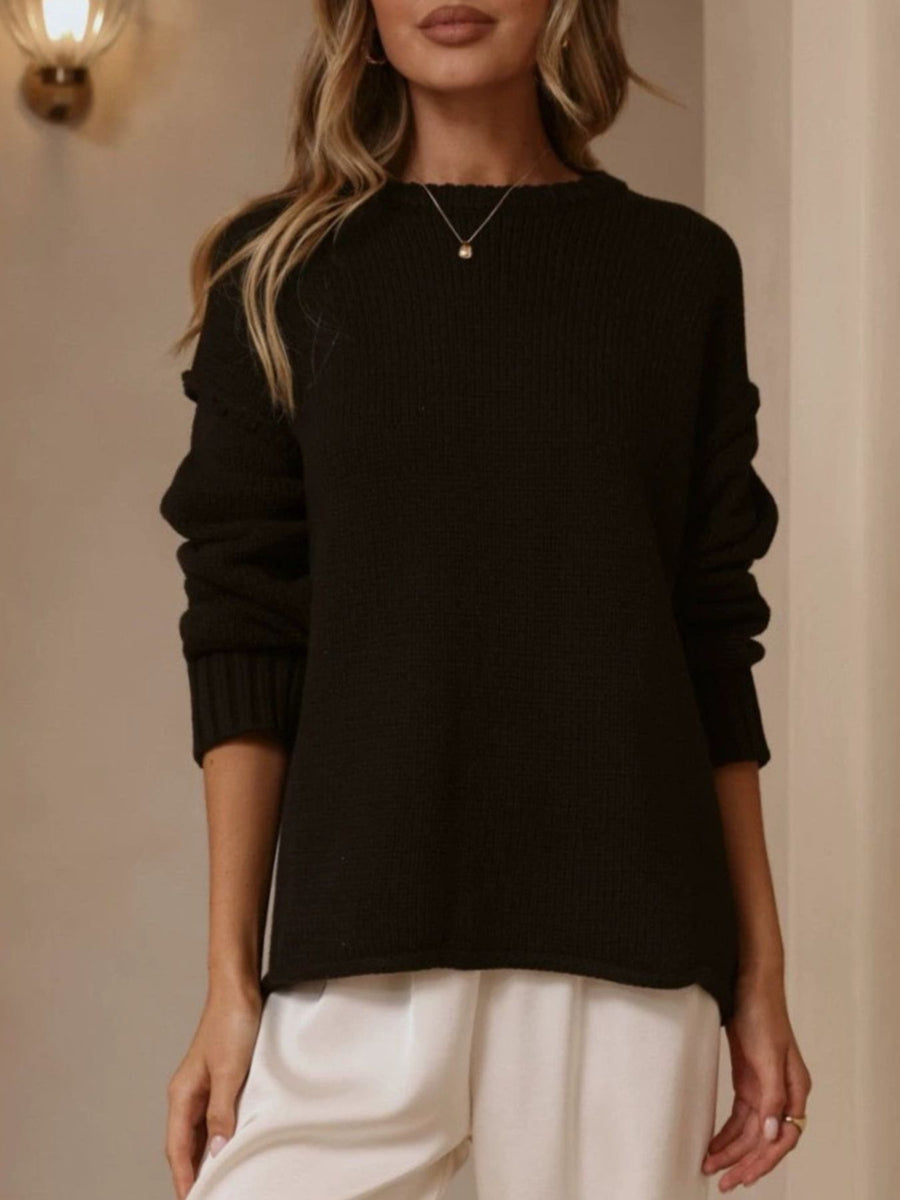 Black relaxed pullover sweater with crew neck