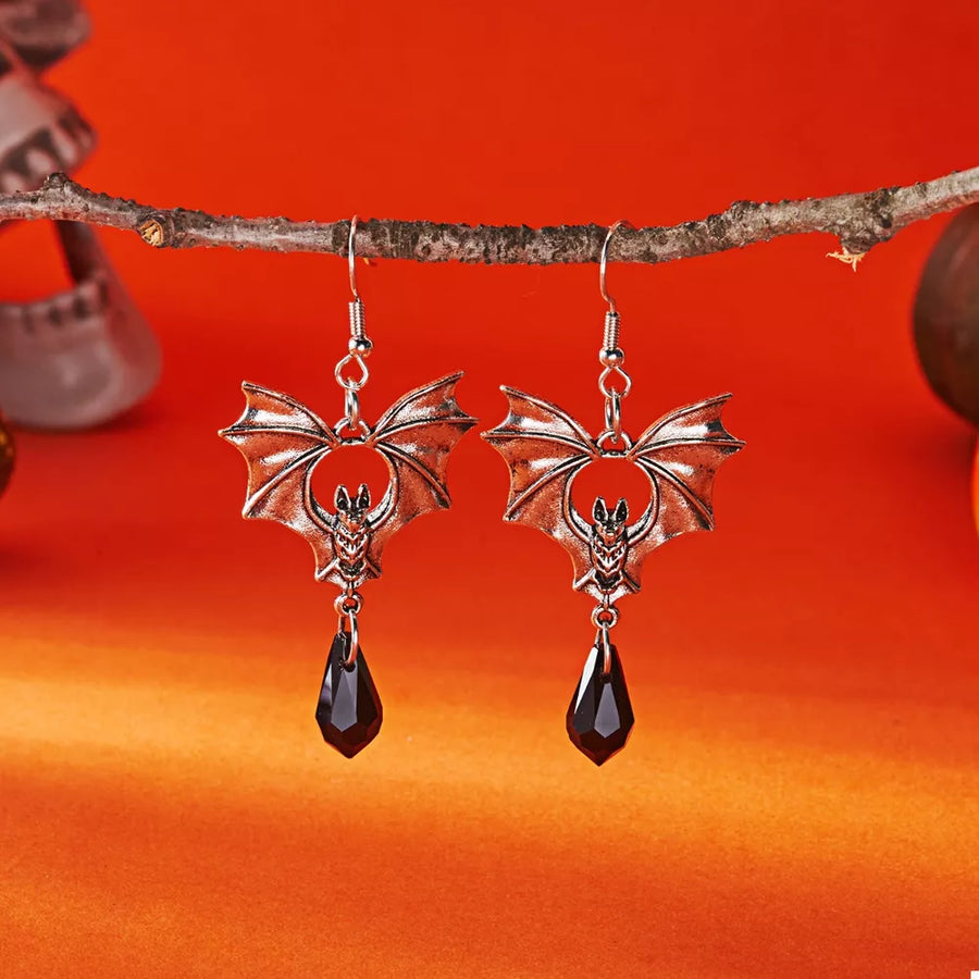 Gothic Bat Drop Earrings Alloy Crystal Silver-plated in ruby red with bat motif