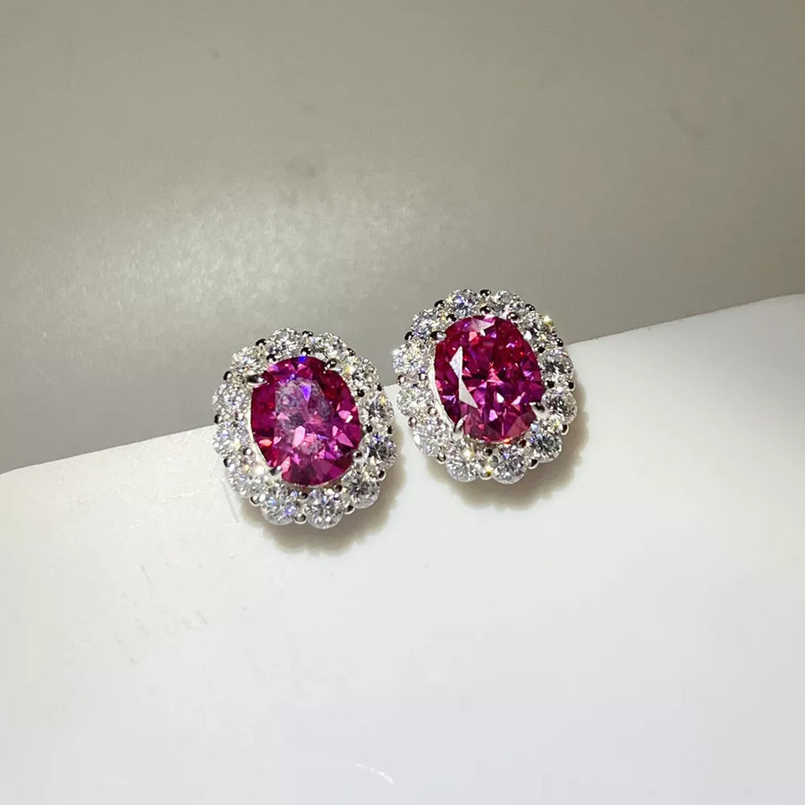 925 sterling silver,Moissanite Carat weight: 6ct Care instructions: 1 earrings in Hot Pink with cluster silhouette