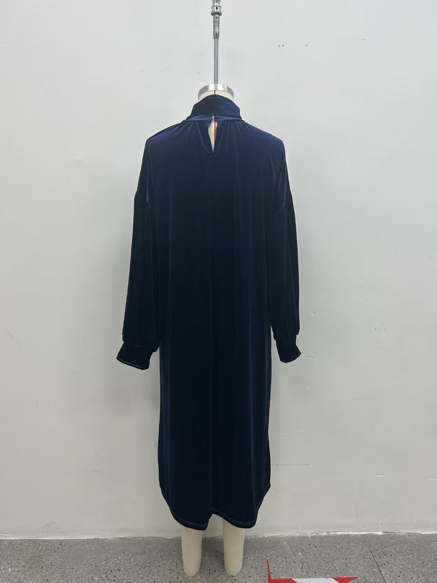 Velvet Tie-Neck Lantern Sleeve Midi Dress Plus Size in Dark Navy